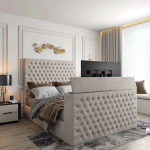 Chesterfield King Size TV Bed | Cream Teddy | Amber