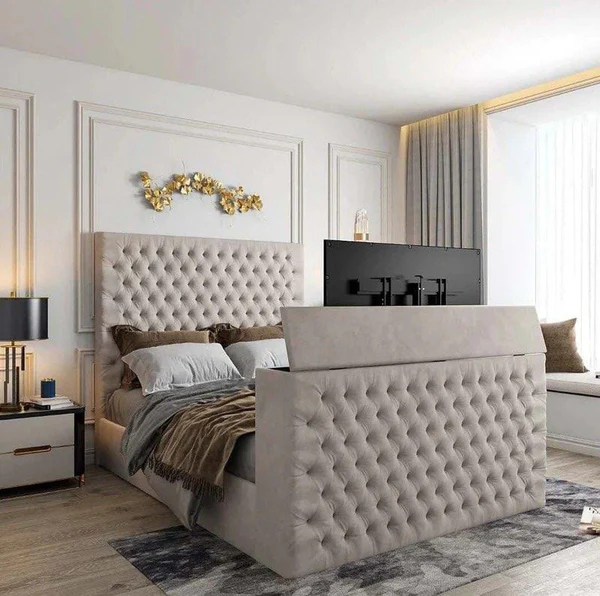 Chesterfield King Size TV Bed | Cream Teddy | Amber