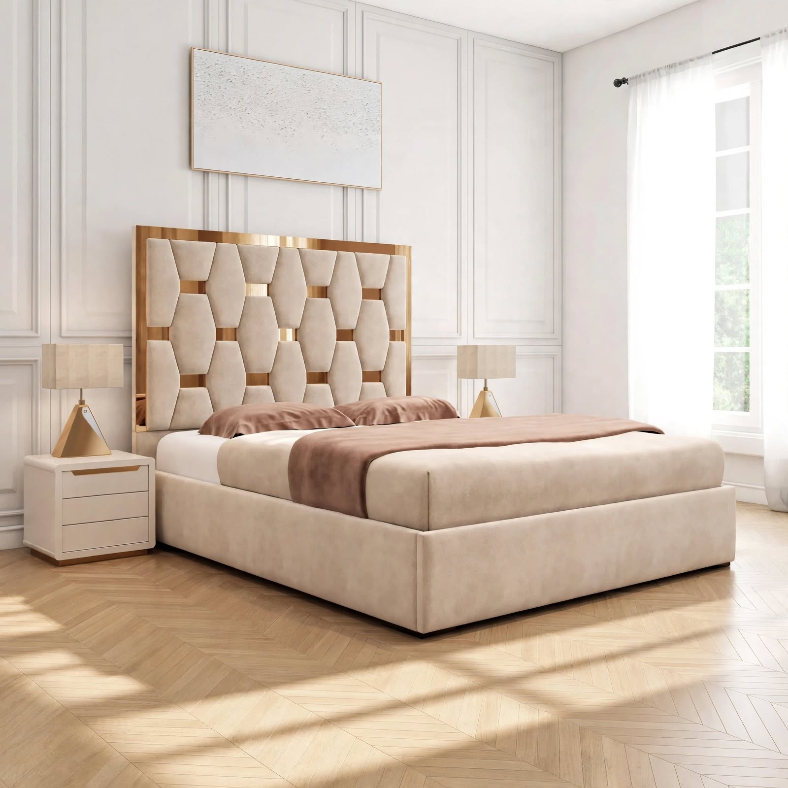 2026 golden pyramid bed with ottoman storage