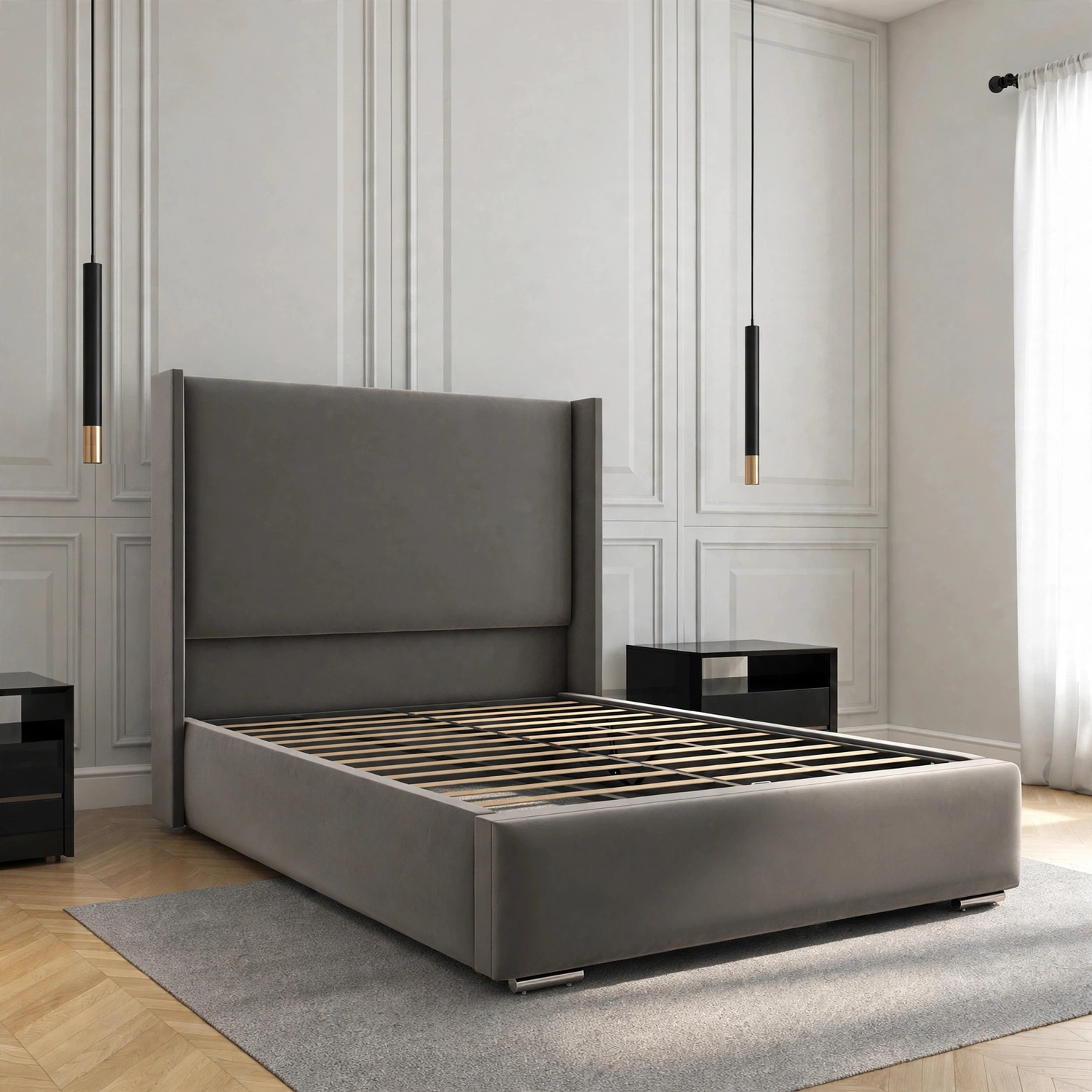 Luna Grey Velvet Wingback Ottoman Bed Frame - Image 3