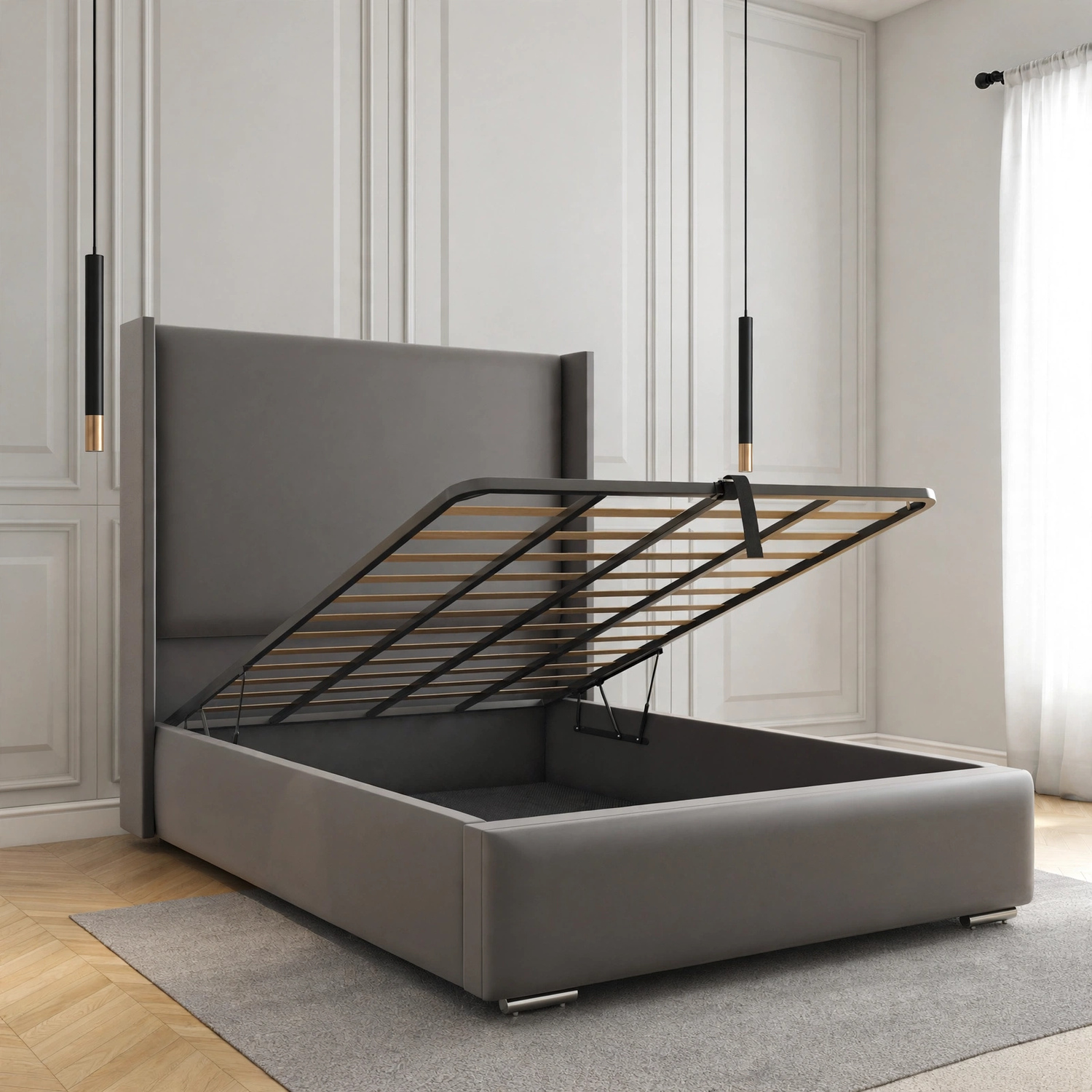 Luna Grey Velvet Wingback Ottoman Bed Frame - Image 2