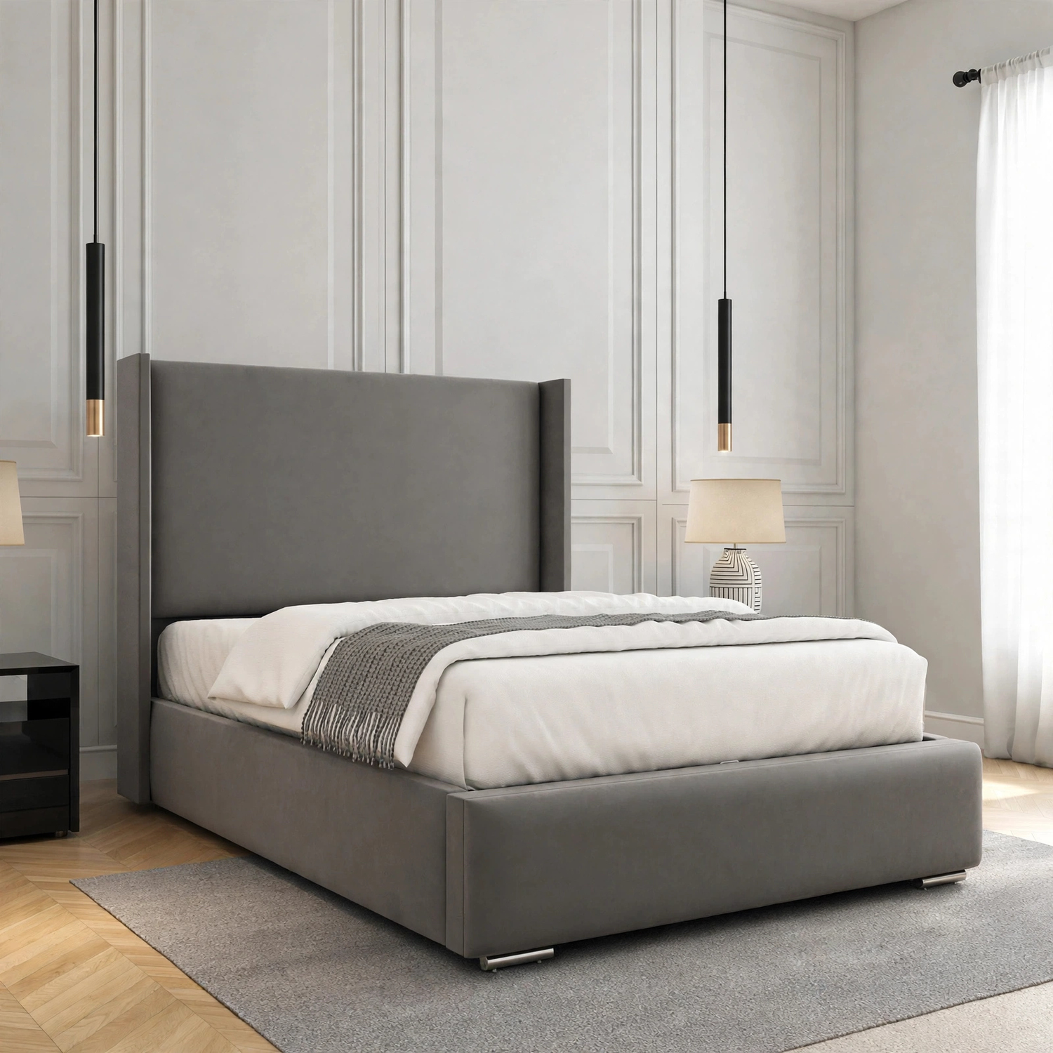 Luna Grey Velvet Wingback Ottoman Bed Frame